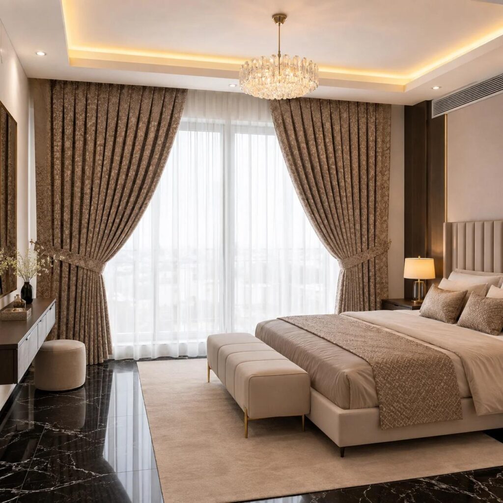 Home American style curtains in a luxury bedroom