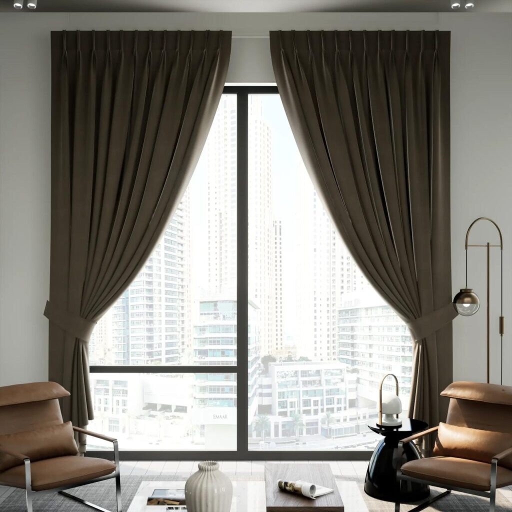 Home Dark brown blackout curtains overlooking the Dubai skyline