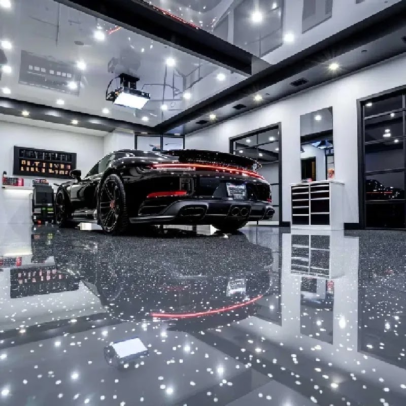High-gloss black epoxy garage floor
