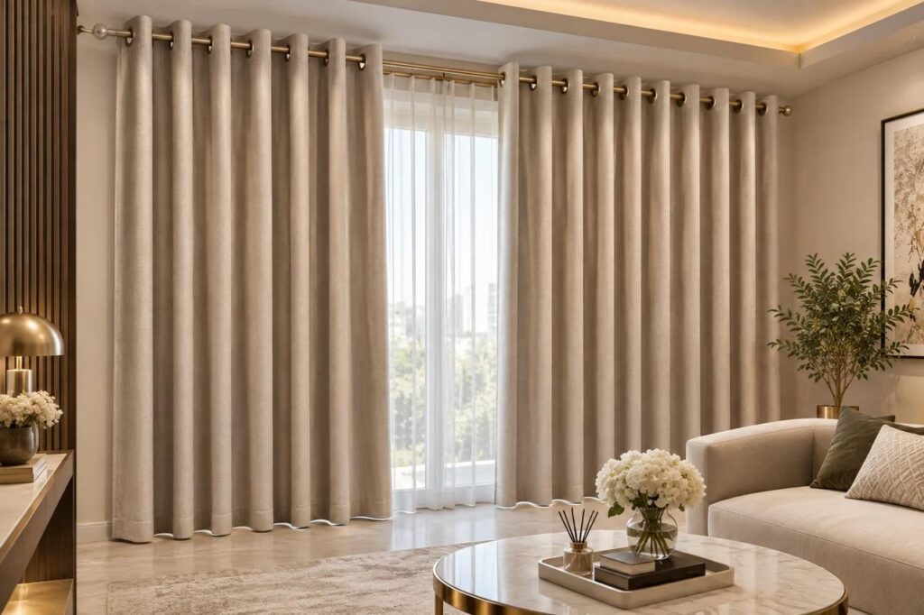 Luxury eyelet curtains in a Dubai living room