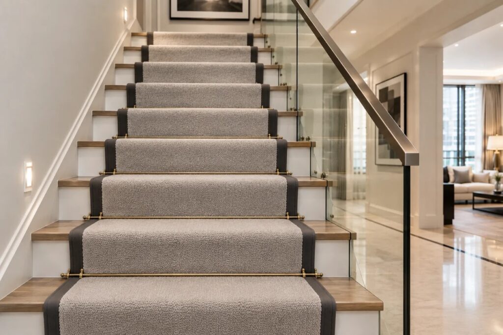 Grey stair runner carpet with bound edges in a Dubai home