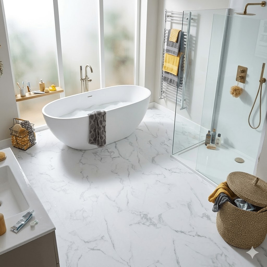 White marble effect SPC vinyl flooring in a bathroom