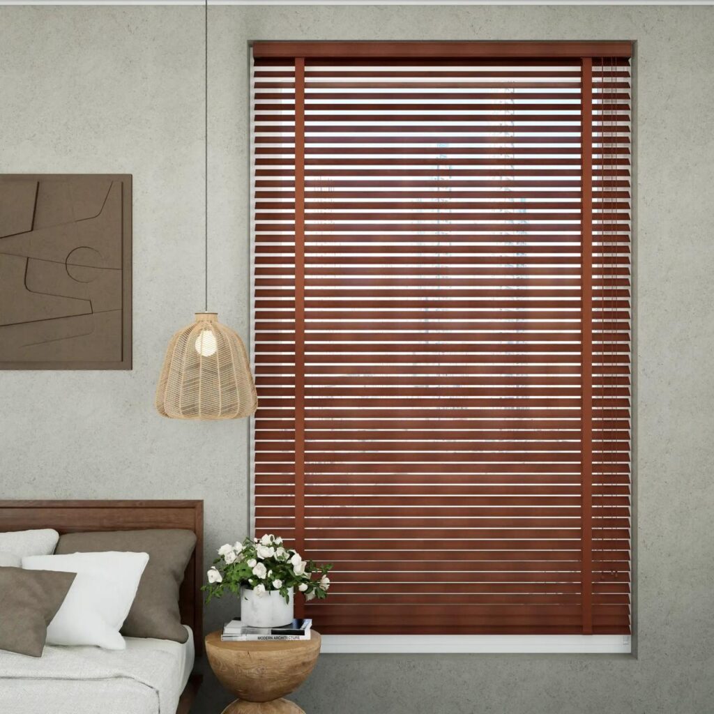 Wooden venetian blinds in a bedroom