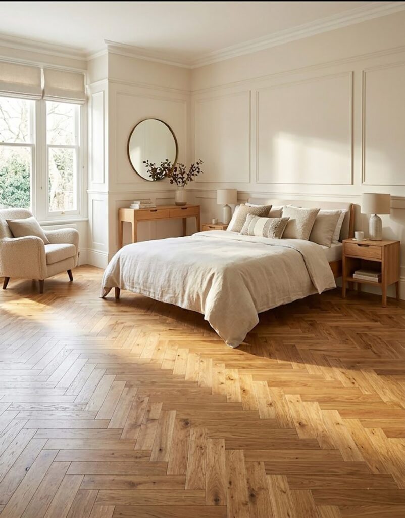 Home Oak herringbone wooden flooring in a bright bedroom