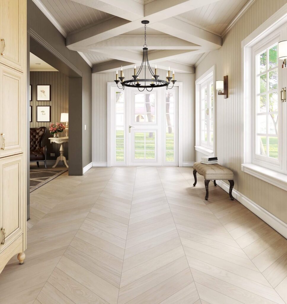 Chevron wood floor in an entrance hall