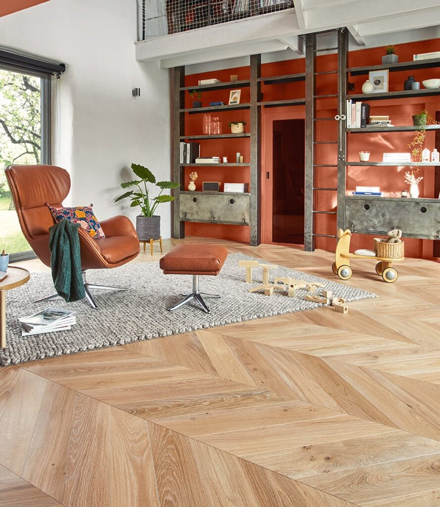 Natural oak chevron flooring in a living room