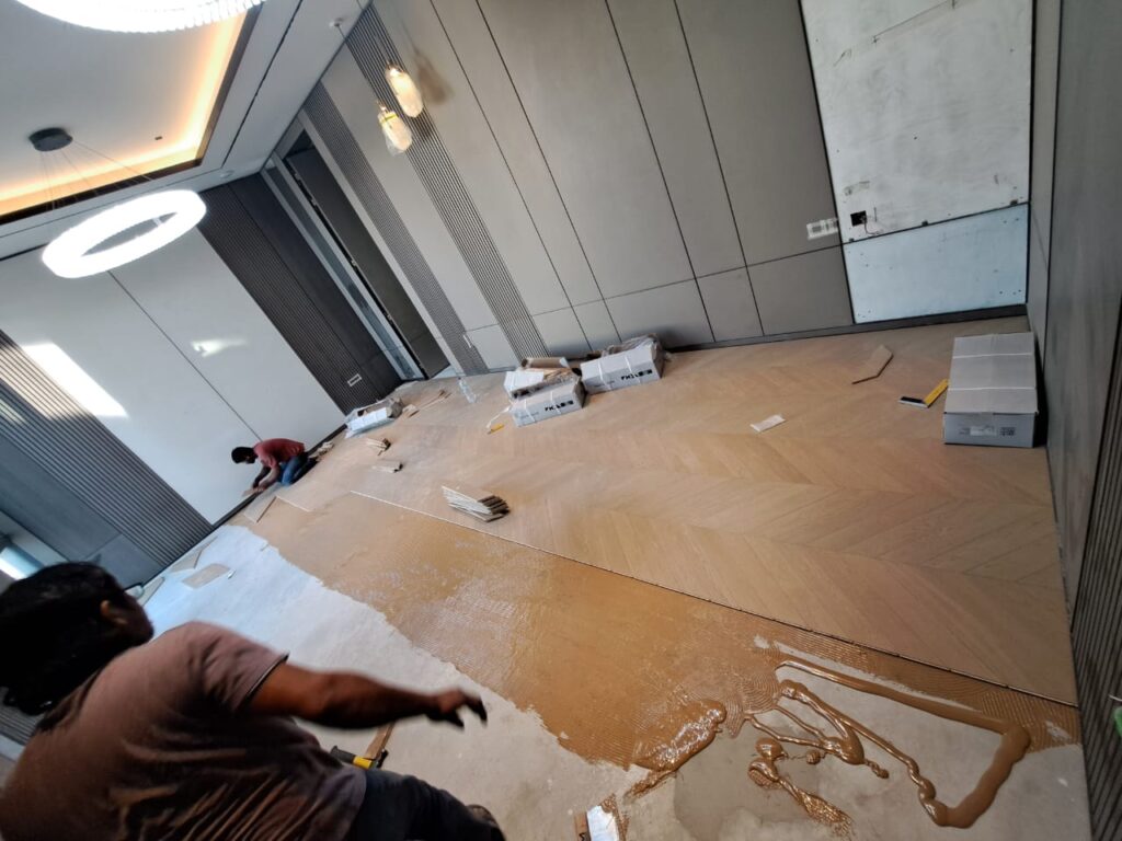 Wooden flooring installation in progress in Dubai